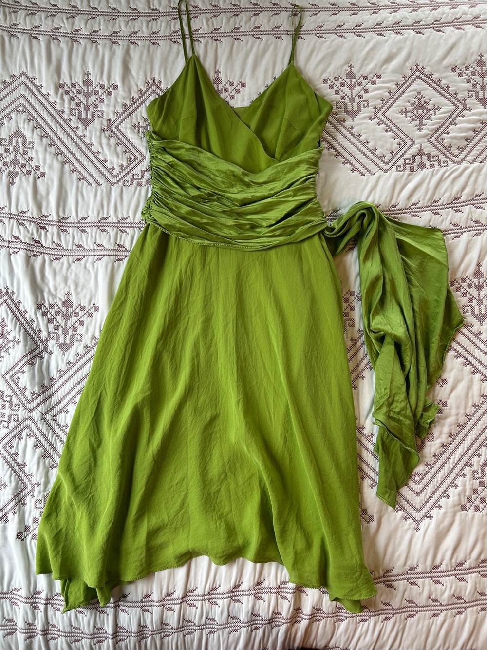 Papell Boutique Silk Chartreuse Spaghetti-Strap Ruched Waist Midi Dress